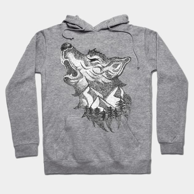 The crying wolf, mountains and wilderness - black ink in stipple technique Hoodie by schtroumpf2510